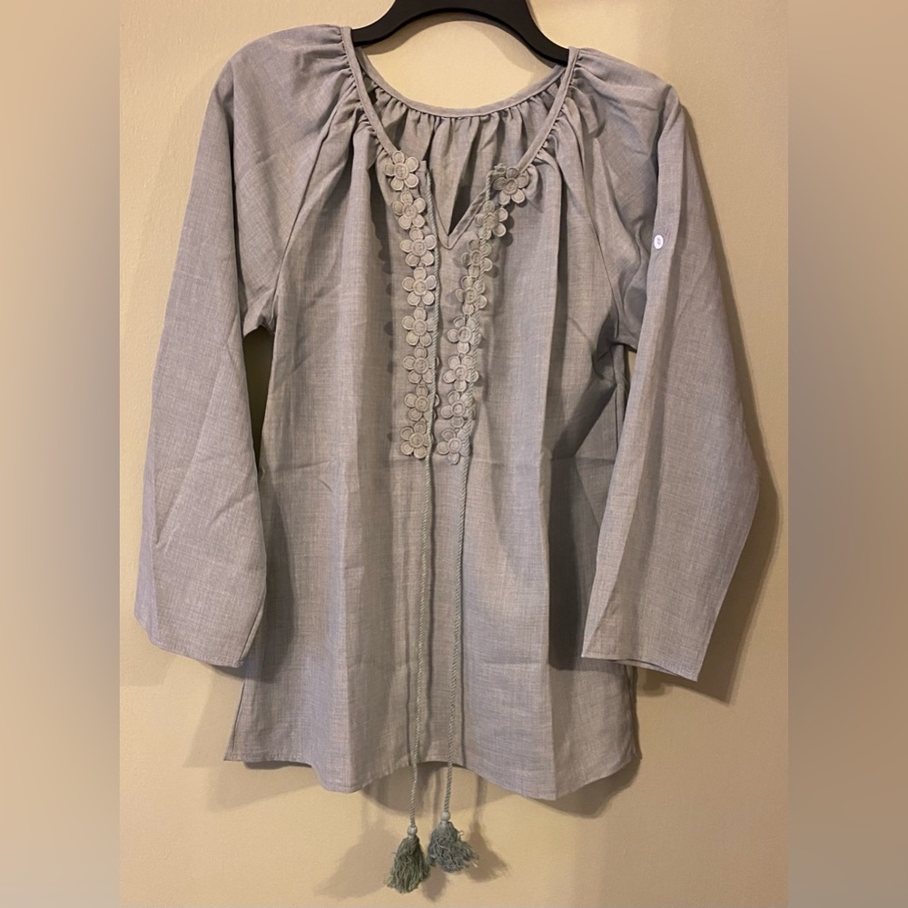 New Gray Embroidered Rollup Tab Sleeve Blouse with Floral Trim